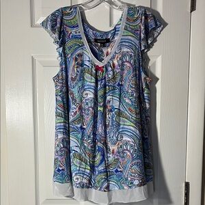 Ellen Tracy NWOT paisley pajama set sleeveless top capri bottom lace ruffle M